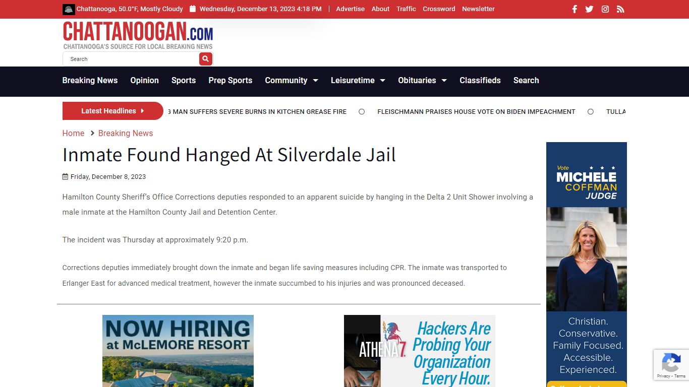 Inmate Found Hanged At Silverdale Jail - Chattanoogan.com